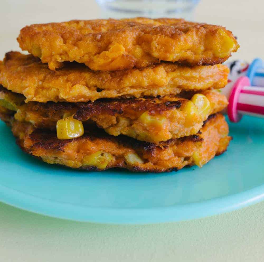 sweet potato and sweet corn fritter stack