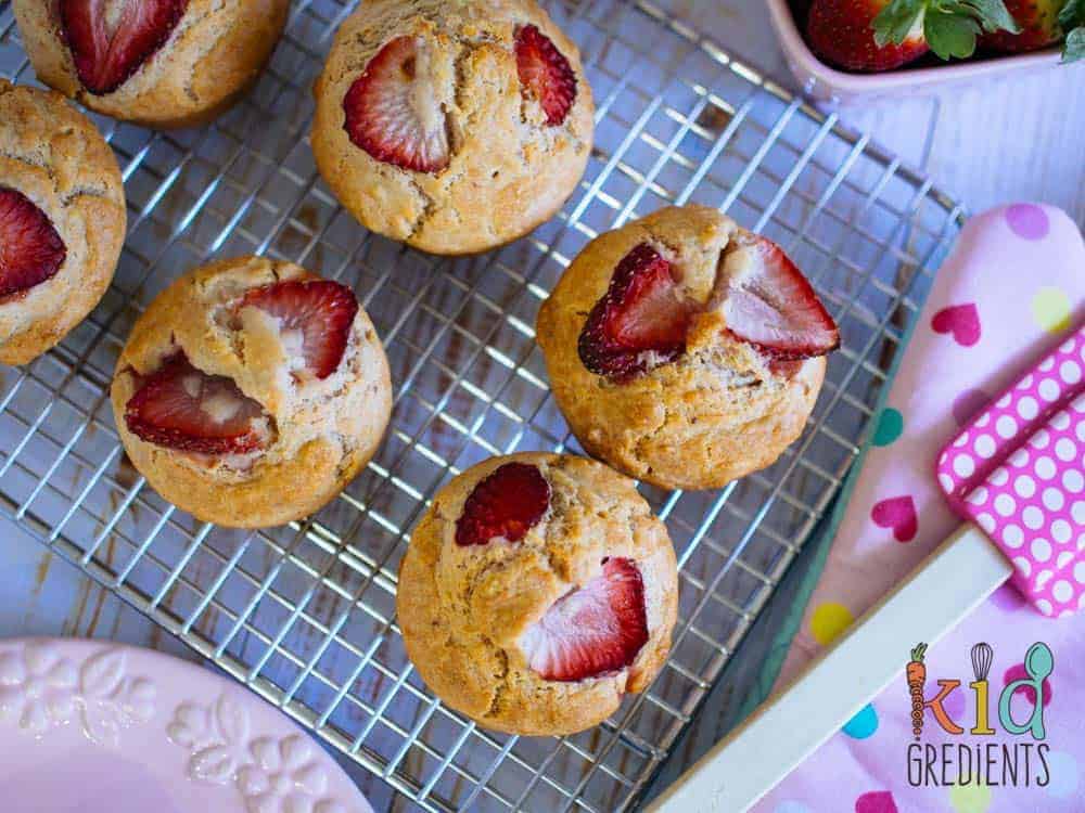No sugar strawberry muffins. Perfect in the lunchbox and great for afternoon tea! Freezer friendly and easy to bake this recipe is a kid pleaser!