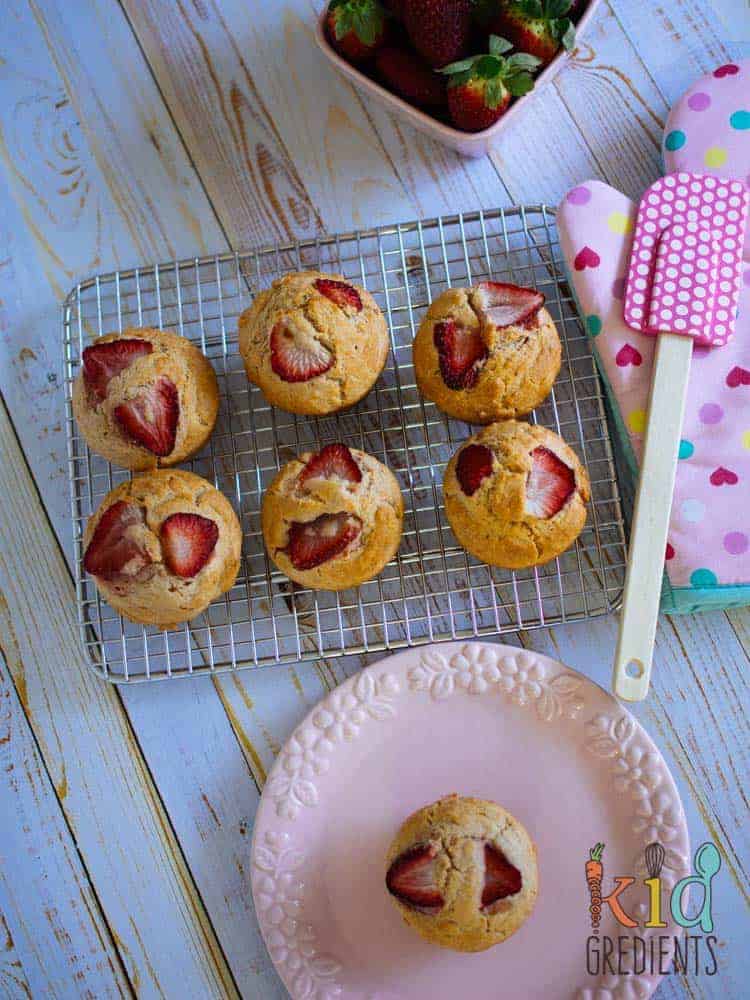 No sugar strawberry muffins. Perfect in the lunchbox and great for afternoon tea! Freezer friendly and easy to bake this recipe is a kid pleaser!