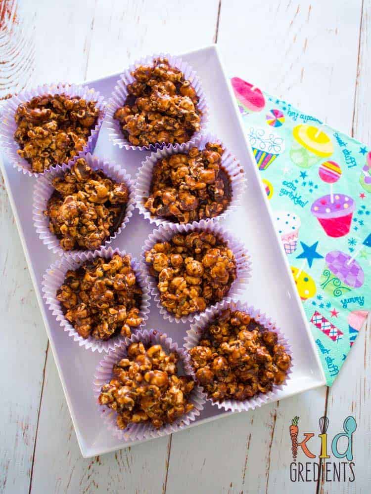 Popcorn choc crackles, a healthier recipe for the party favourite! Yummy, dairy free and the perfect snack. Great in the lunchbox. #kidsfood #healthykidsfood #recipe #partyfood