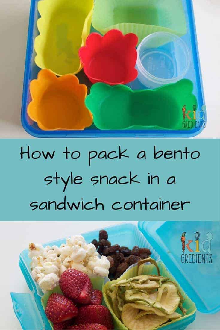 How to pack a bento style snack in a sandwich box, with links to recipes used and all the bits and bobs needed to do this quickly and easily!
