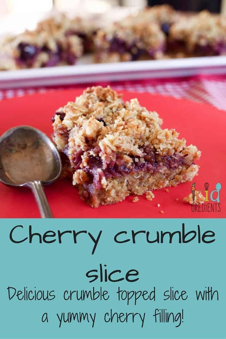 Delicious recipe for a crumble topped, cherry filled slice! Cherry crumble slice, a yummy treat for any time of day.