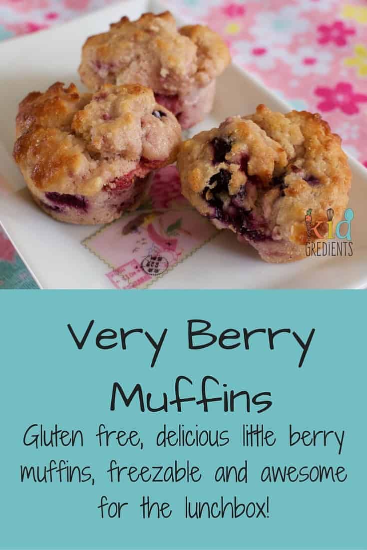 Delicious recipe for very berry muffins- gluten free and so yummy! Freezable and lunchbox ready!