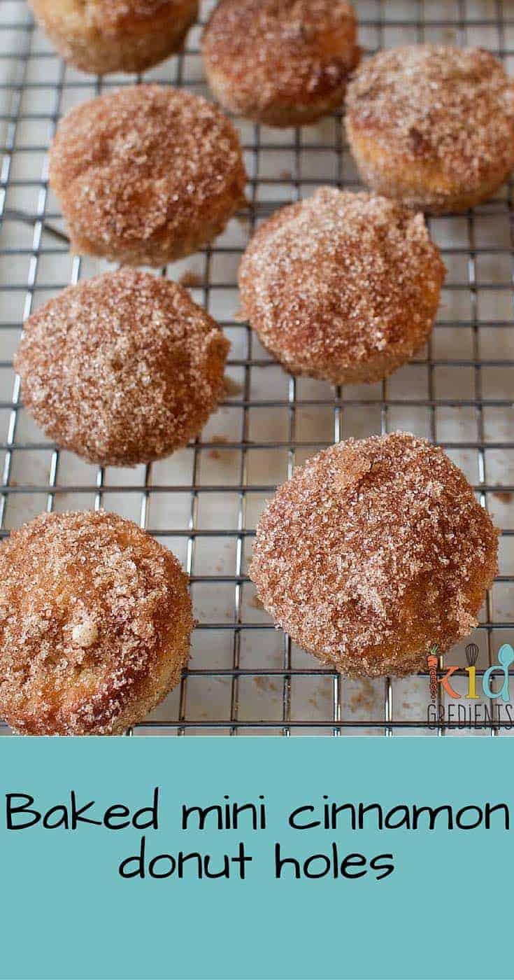 Recipe for baked mini cinnamon donut holes perfect for cooking with kids!