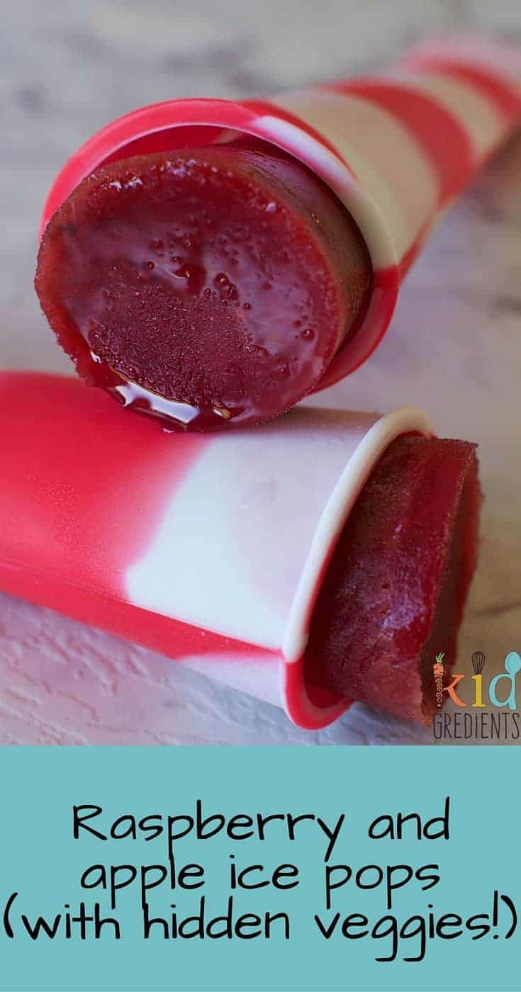 Hidden veggies in the yummy raspberry and apple ice pops with hidden veggies recipe. Make sure they eat some greens with these!