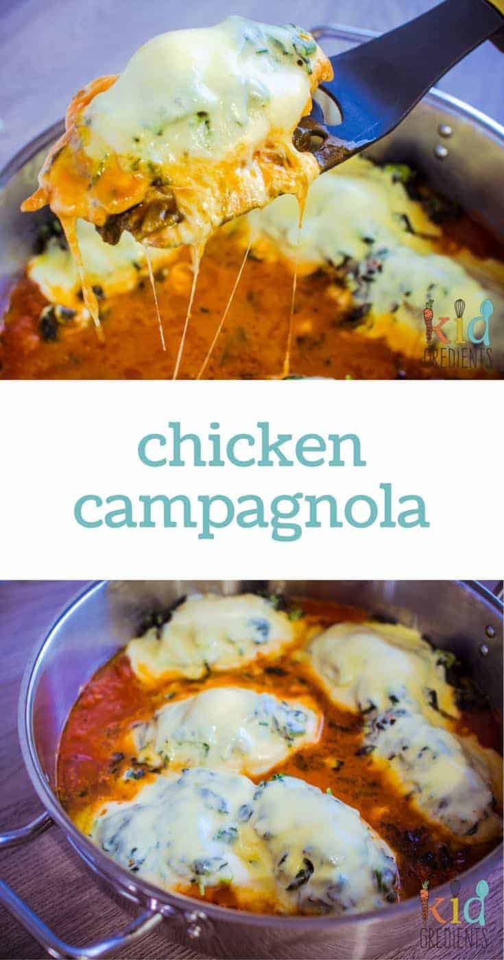 Stretchy mozzarella, chicken and spinach cooked in a delicious tomato sugo. Chicken campagnola could be your next family favourite dinner!