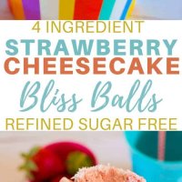 4 ingredient strawberry cheesecake bliss balls! Yummy, easy to make recipe that is kid friendly and freezer friendly! #recipe #cheesecake #strawberry #blissballs