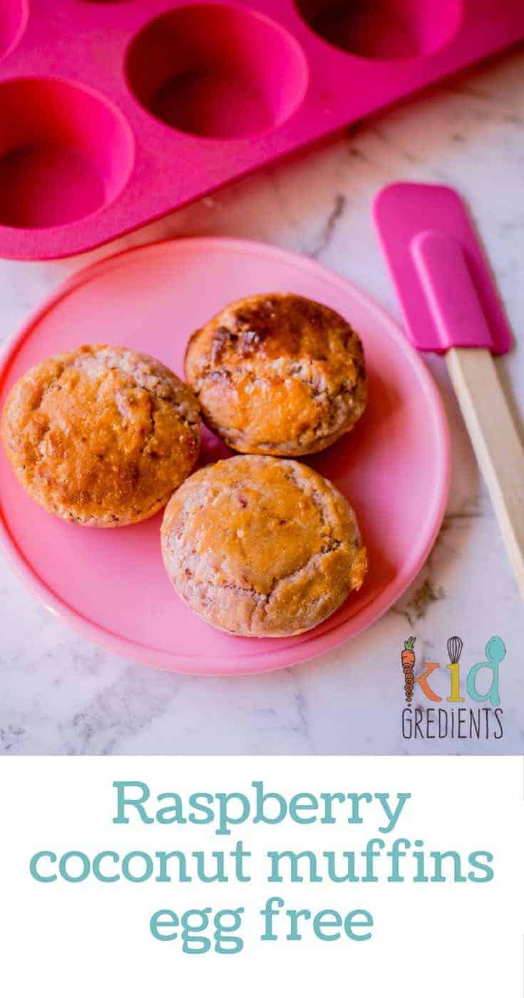 Raspberry coconut muffins, egg free! These muffins are perfect for the lunchbox, no added sugar, freezer friendly, kid friendly, dairy free option.