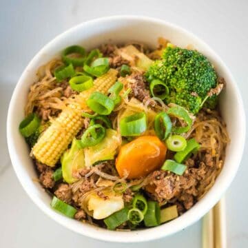 beef mince noodles in a bowl