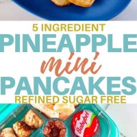 Mini pineapple pancakes. 5 ingredients, perfect for baby led weaning or snacks! Awesome in the lunchbox, easy recipe that even the kids can make. Freezer friendly. #kidsfood #familyfood #lunchbox #norefinedsugar #5ingredients