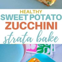 Perfect for breakfast and great in the lunchbox, this sweet potato and zucchini healthy strata bake is jam packed full of veggies.  Kid and freezer friendly.  Great way to start the day with extra veggies! #kidsfood #breakfast #familyfood #vegetarian #veggies #bake