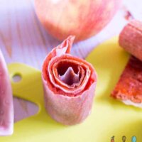 Apple and strawberry fruit leather, no added sugar and no dehydrator needed! Easy to make recipe the kids will love! Perfect in the lunchbox or as a treat after school.