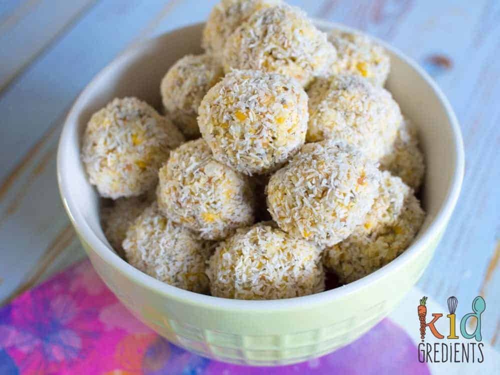 Mango snack bites, perfect in the lunchbox, dairy free and easy to make, this recipe is even great at breakfast for an easy on the go option!