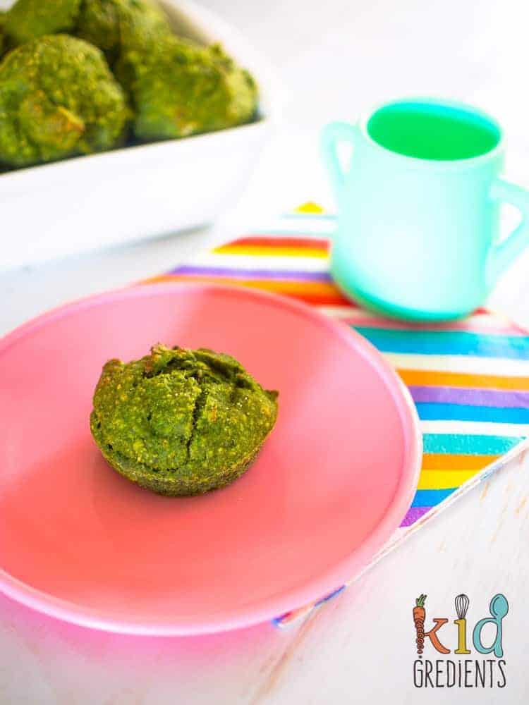 Green muffins with spinach, banana and date. The perfect way to pop extra veggies into a muffin. Turn them green, call them hulk, monster, kermit...whatever works! #kidsfood #veggies #lunchbox #hiddenveggies #toddlerfood #refinedsugarfree #muffins 