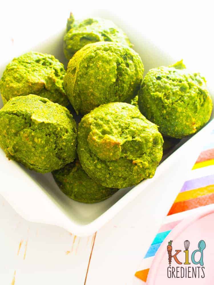 Green muffins with spinach, banana and date. The perfect way to pop extra veggies into a muffin. Turn them green, call them hulk, monster, kermit...whatever works! #kidsfood #veggies #lunchbox #hiddenveggies #toddlerfood #refinedsugarfree #muffins 