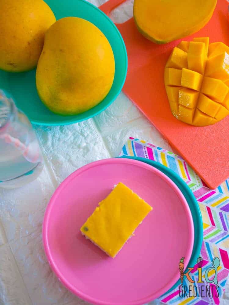 Tropical mango and passionfruit treat slice. This delicious slice is a perfect summer treat! Sweet and yummy!