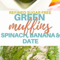 Green muffins with spinach, banana and date. The perfect way to pop extra veggies into a muffin. Turn them green, call them hulk, monster, kermit...whatever works! #kidsfood #veggies #lunchbox #hiddenveggies #toddlerfood #refinedsugarfree #muffins