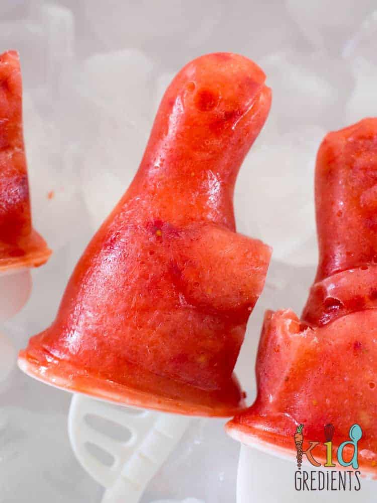 Two ingredients strawberry and watermelon ice pops easy to make a delicious! Get ready for summer now! Refined sugar free and super fast to make! #kidsfood #familyfood #iceblocks #icepops #refinedsugarfree