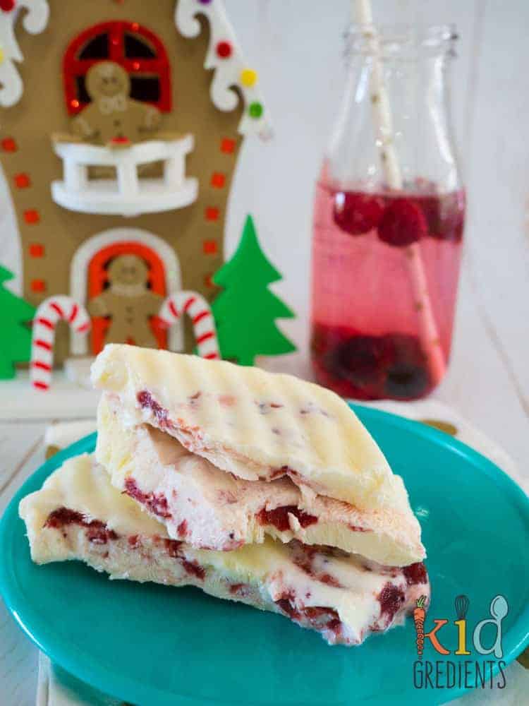 3 ingredient festive yoghurt bark, stacked on a plate