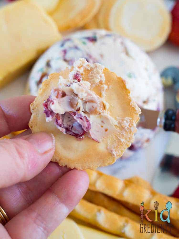 cream cheese christmas bauble, cranberry and macadamia dip