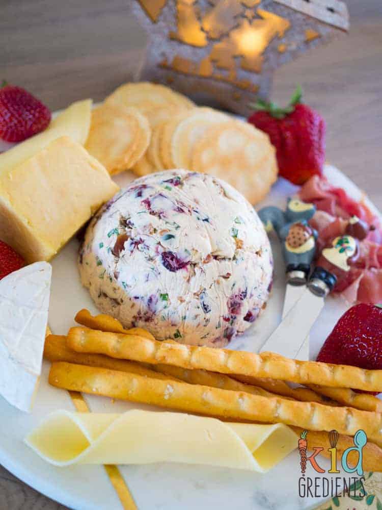 cream cheese christmas bauble, cranberry and macadamia dip