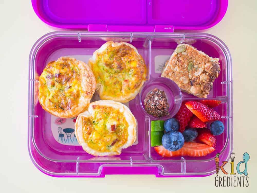 packed lunchbox with Lunchbox bacon and veggie quiches