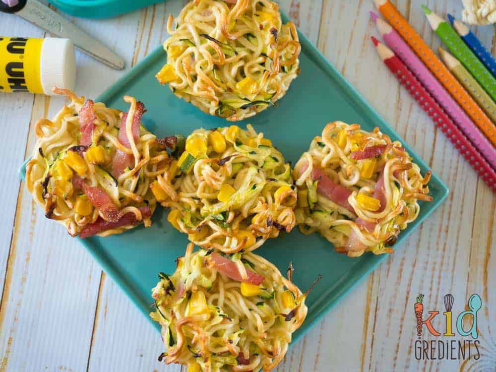 noodle and veggie frittatas on a plate