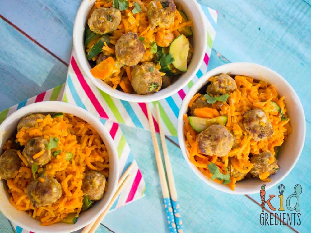 Thai turkey curry meatballs with sweet potato noodles, gluten and dairy free!