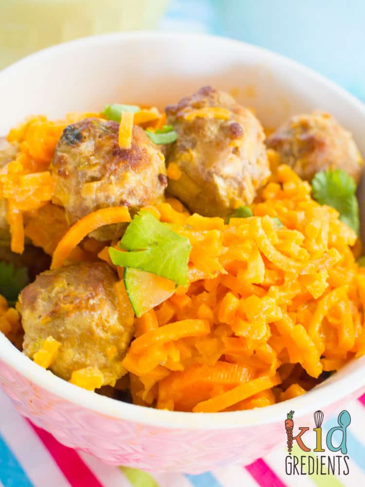 Thai turkey curry meatballs with sweet potato and veggie noodles, gluten and dairy free!