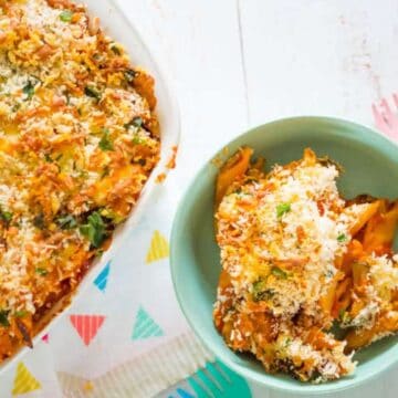roasted veggie and bacon pasta bake in a bowl and in the dish