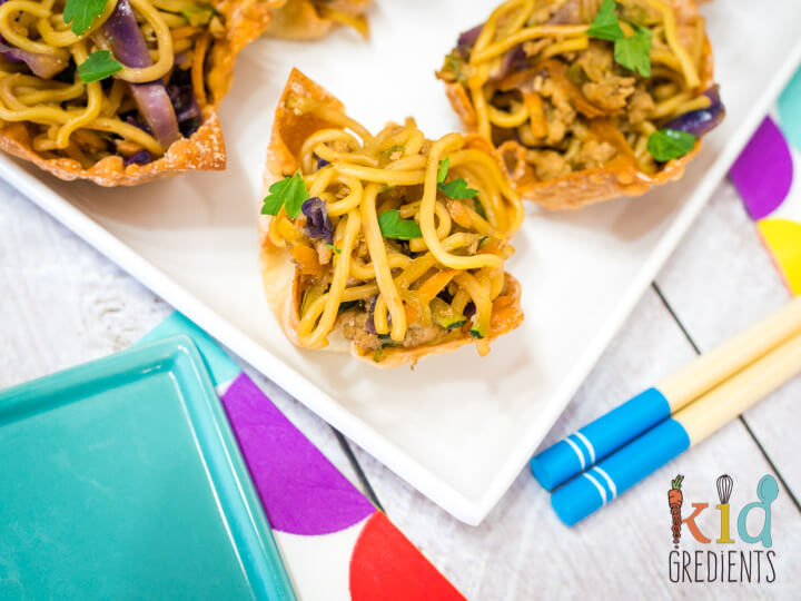 chicken and veggie noodles in baked wonton cups