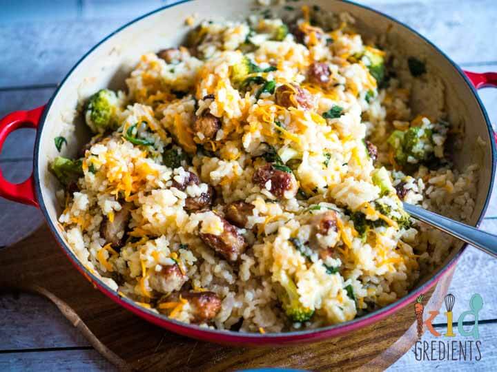baked sage and veggie risotto in a large frypan