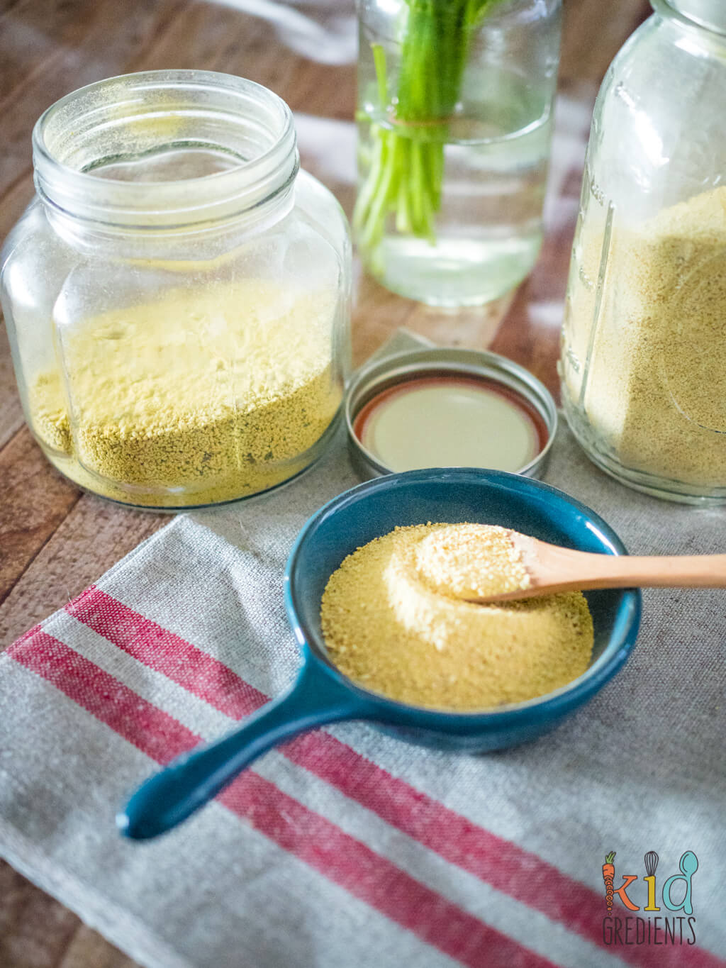 diy chicken stock powder in a jar and in a small dish. 