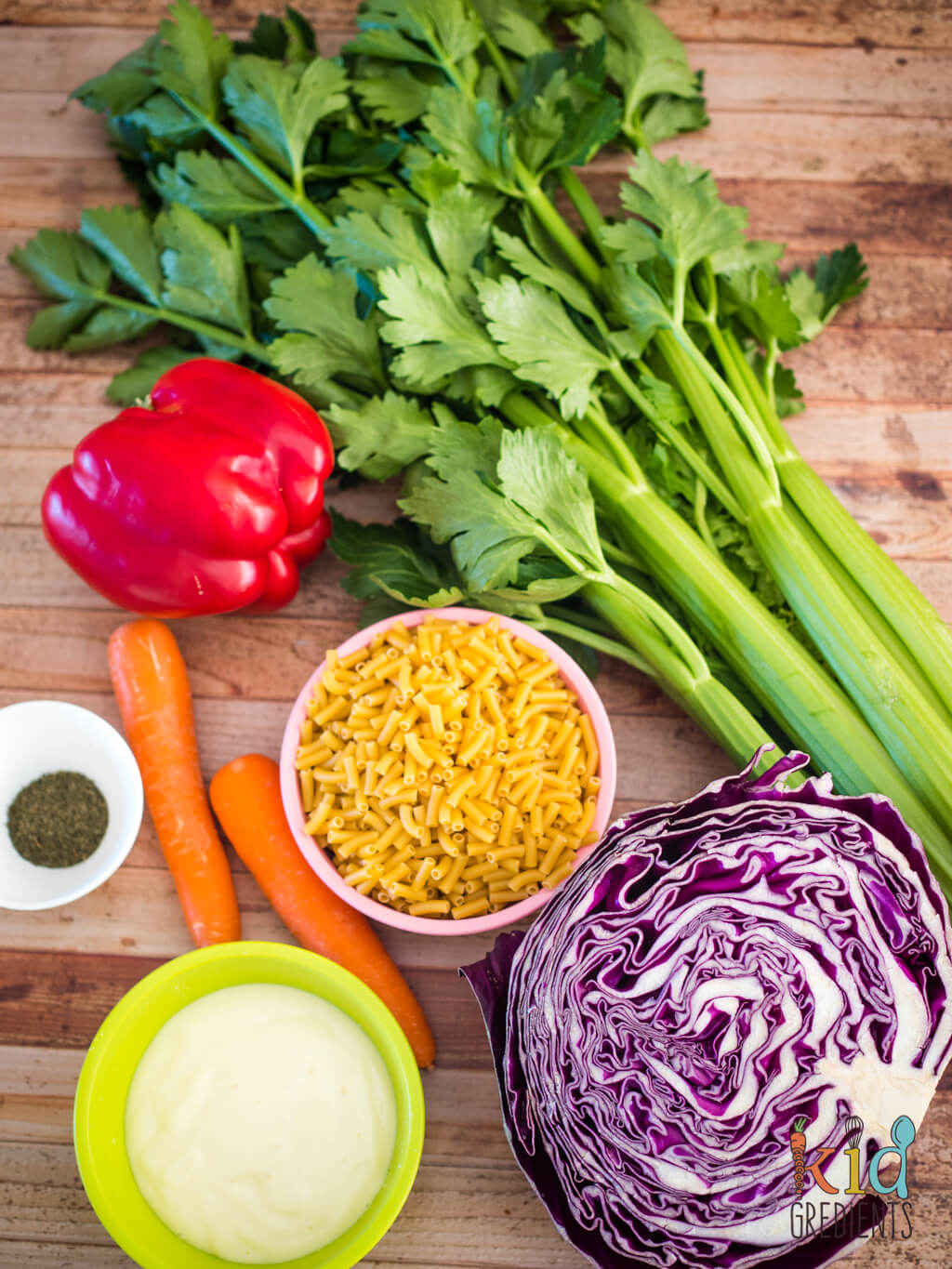 ingredients for the best ever rainbow pasta salad