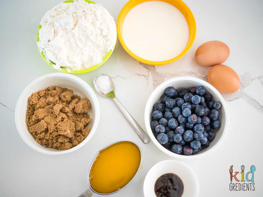 ingredients, flour, sugar, eggs, butter, blueberries, vanilla, salt and buttermilk