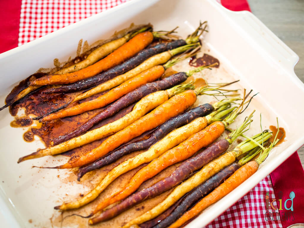 rainbow carrots in a baking dish