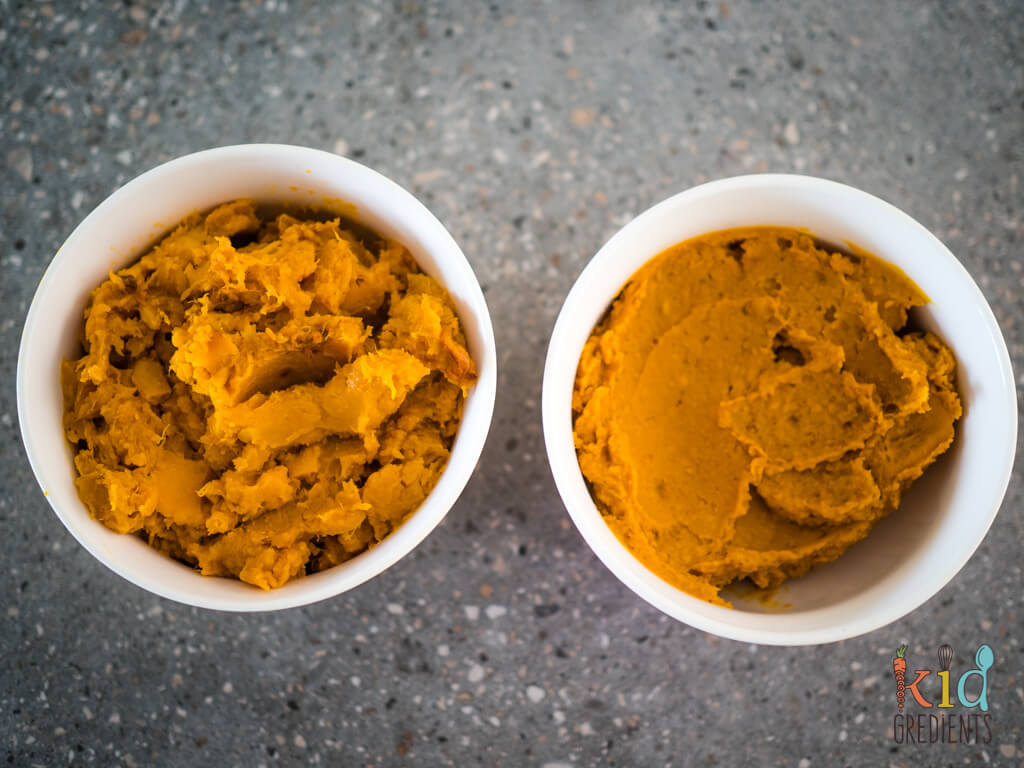 two dishes of pumpkin puree, left is mashed, right is pureed in a food processor