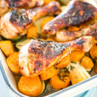 one pan chicken and veggie bake with honey and rosemary cooked in the pan