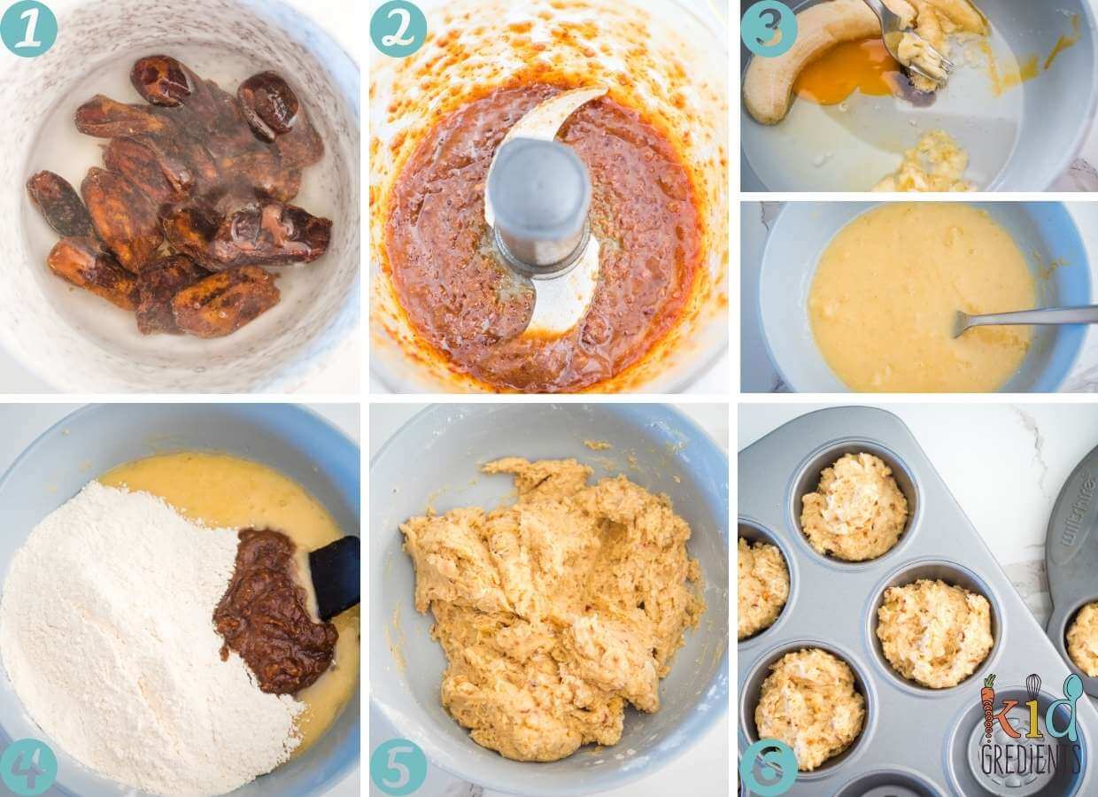 photo showing the steps for making the date and banana muffins