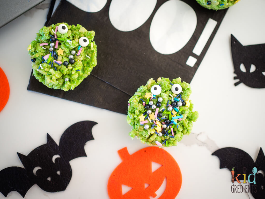 rice bubble monsters, on a napkin with bats and pumpkins