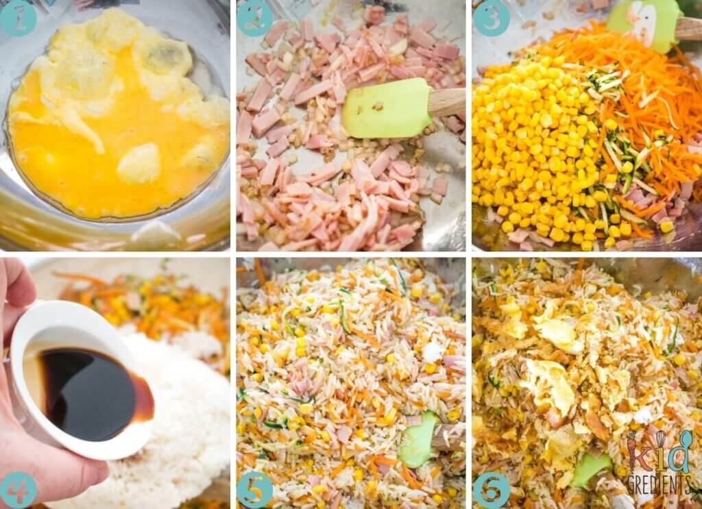 image showing the steps for making fried rice, frying the egg, frying the bacon and onion, adding the veggies, adding the rice and soy sauce, mixing well and adding the eggs back in