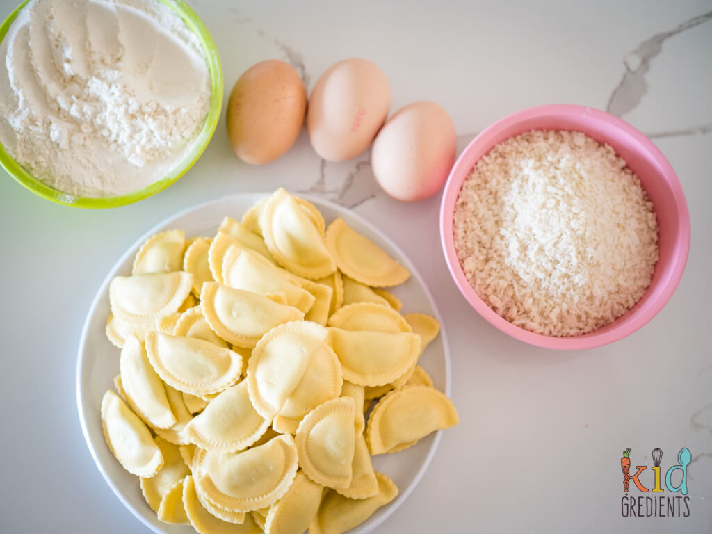 ingredients shot: flour, eggs, panko crumbs and pasta