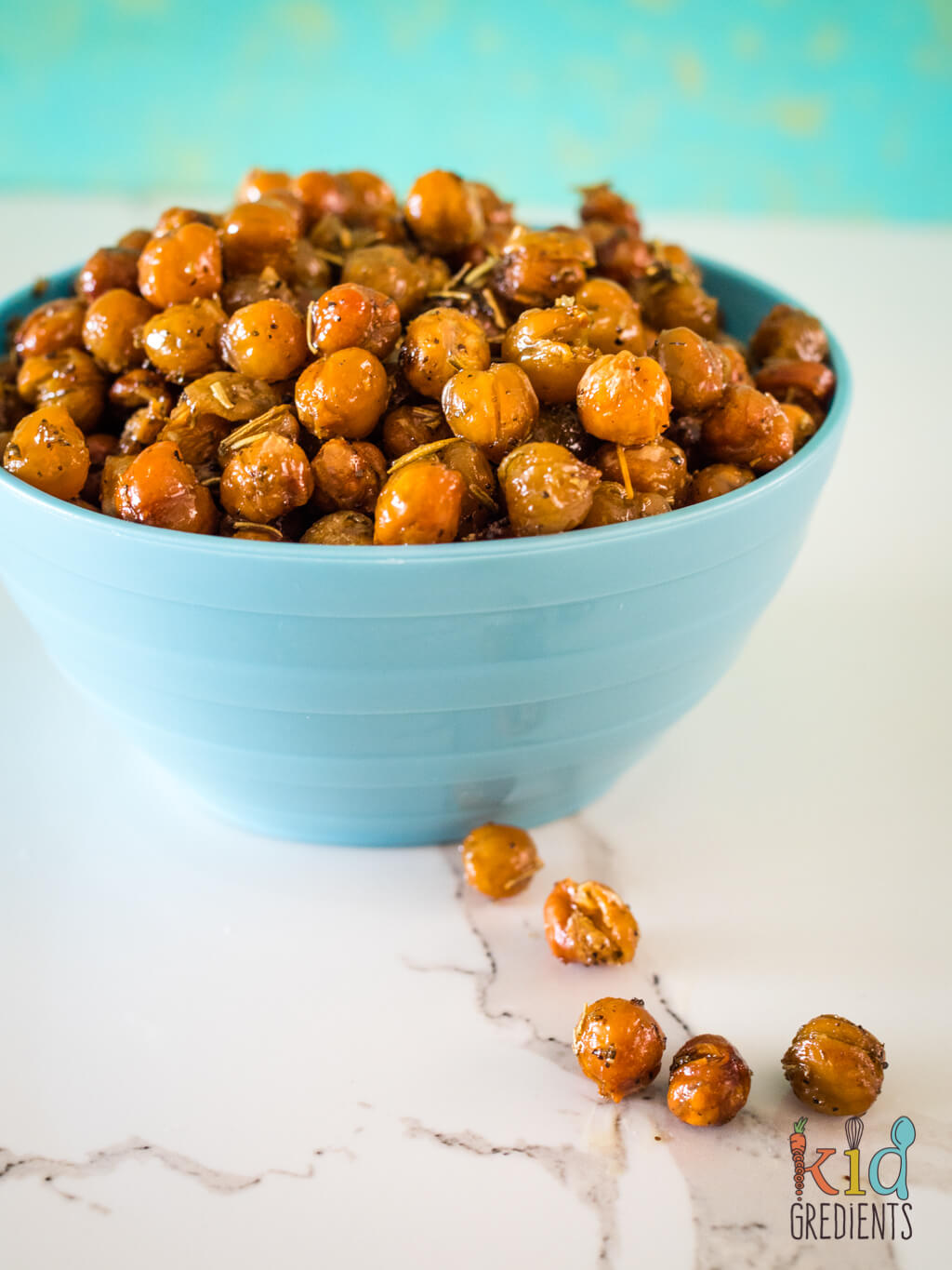 herb and sea salt roasted chickpeas in a blue bowl