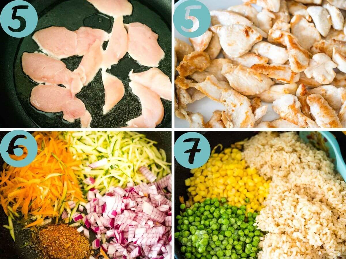 fry the chicken, add the zucchini, carrot, onion and spice mix to the pan. Add the corn, peas and rice and then the chicken.