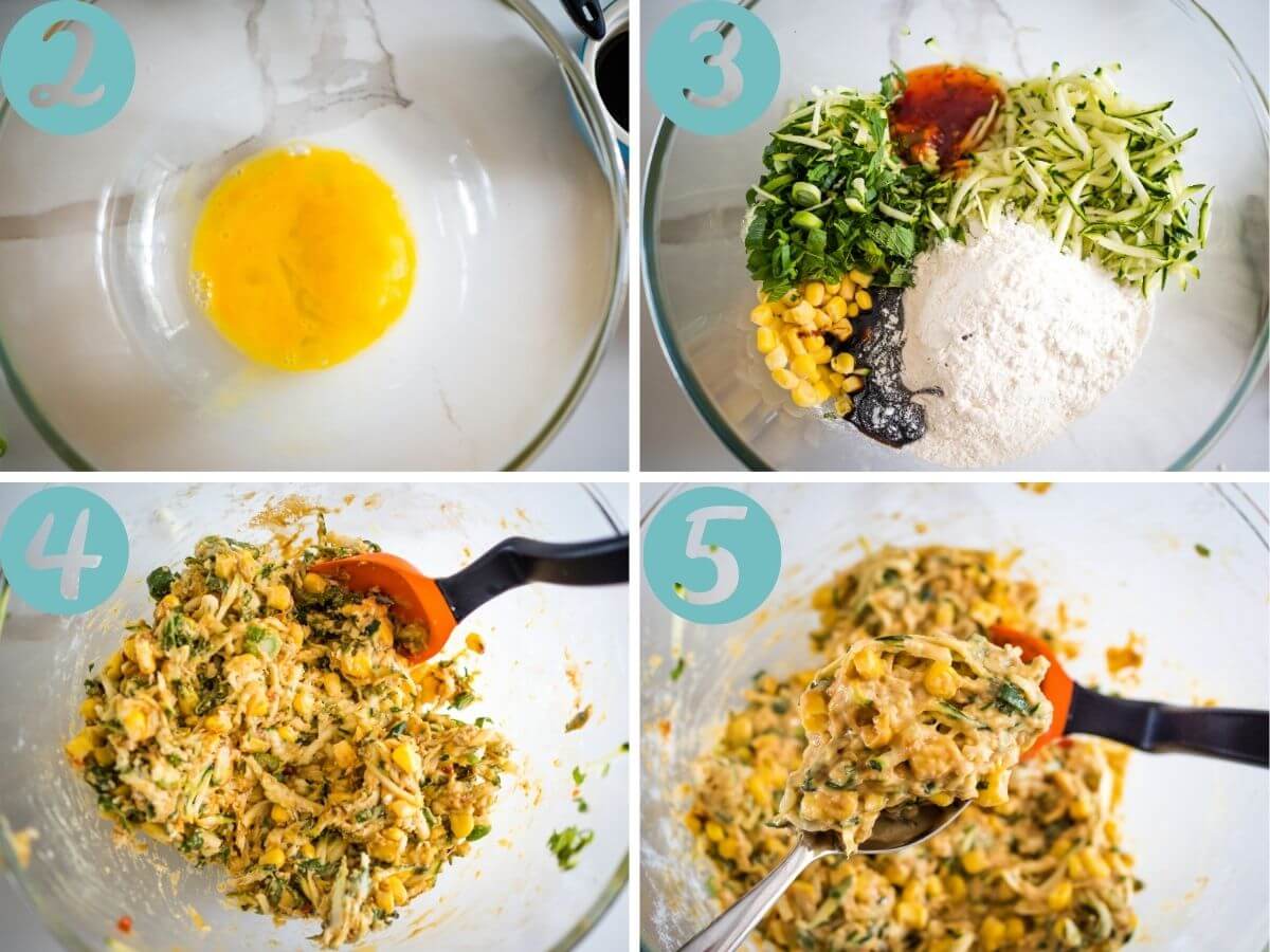 process shots for corn and zucchini fritters, egg whisked, ingredients together, ingredients mixed, grabbing tablespoonfuls
