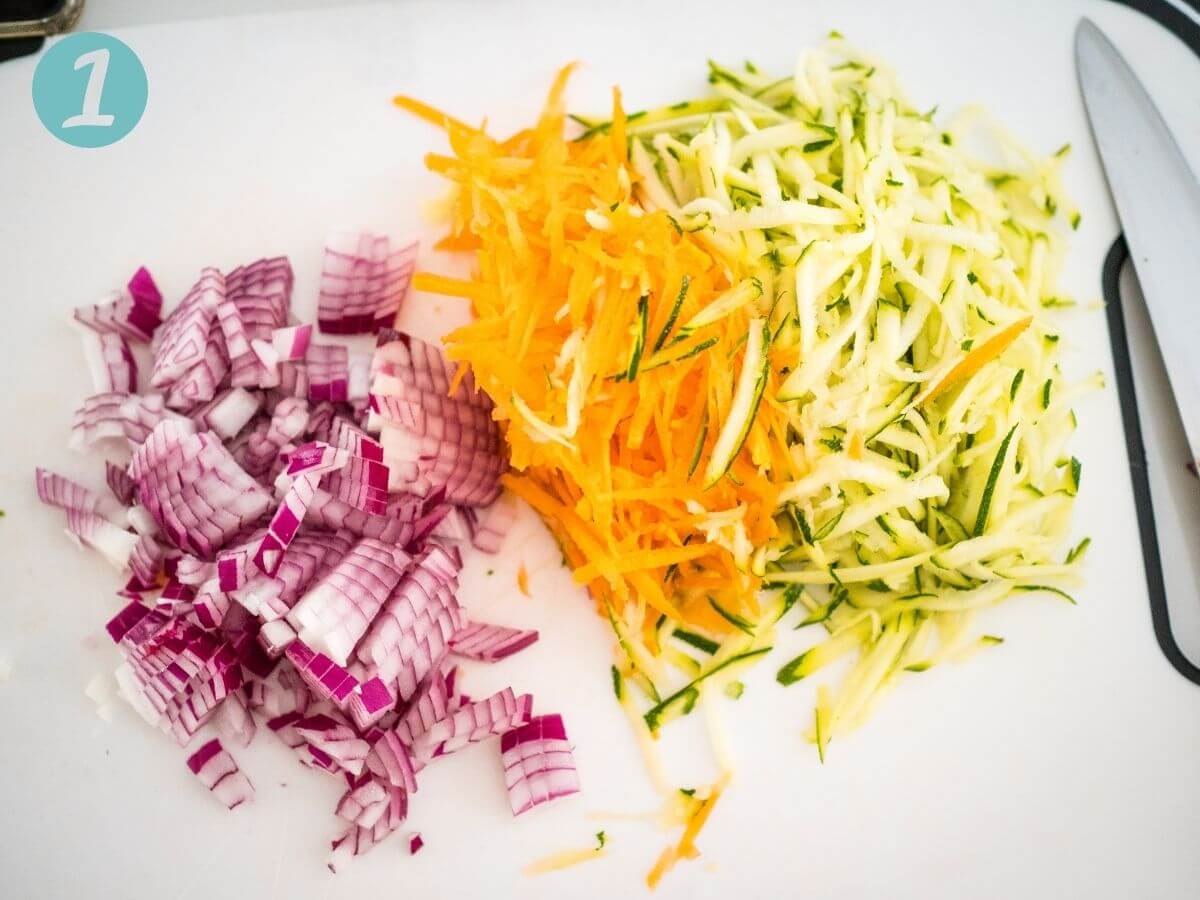 process shots for easy zucchini slice: diced onion, grated carrots and zucchini