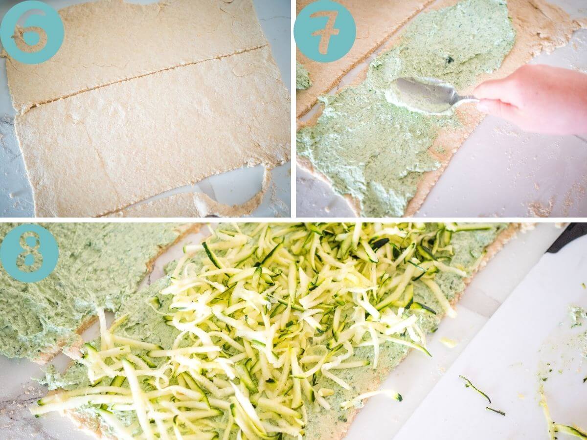 Cutting the spinach pinwheels dough, spreading the filling and the zucchini