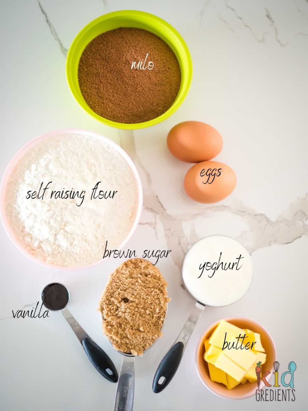 ingredients for milo muffins: eggs, flour, milo, b utter, brown sugar, vanilla, yoghurt