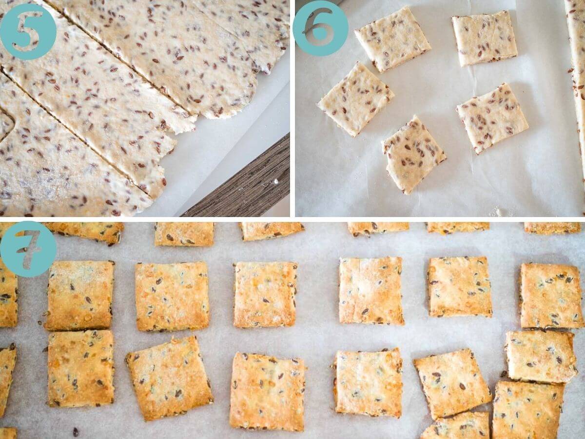 cutting the dough into rows, cutting into squares and what they look like when baked