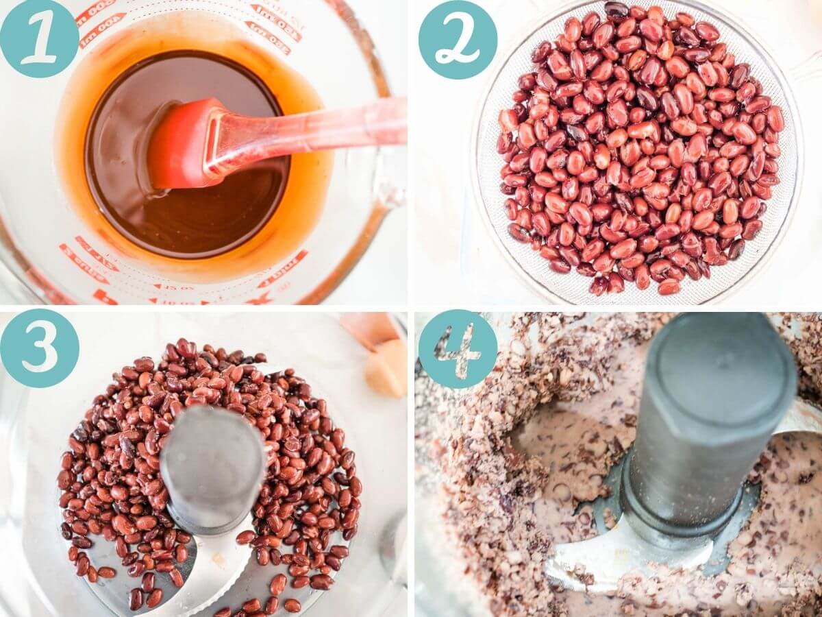 Process: melting chocolate, draining and rinsing beans, processing beans
